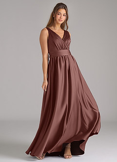 Azazie Kora Bridesmaid Dresses Espresso A-Line Pleated Stretch Satin Dress image4
