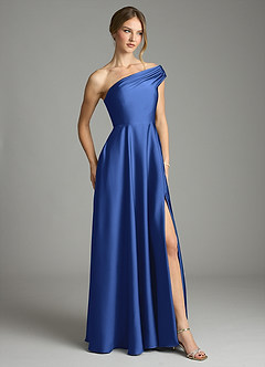 Azazie Melanie 신부 들러리 드레스 A라인 오프 더 숄더 스트레치 새틴 바닥 길이 드레스 image5