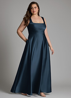 Azazie Azaria Vestidos de madrinha de casamento Vestido Azul Marinho de Cetim elástico de Linha A com Corpete image11