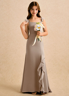Azazie Novalie Girls Formal Flower Girl Dresses Taupe Mermaid Bow Stretch Satin Dress image5
