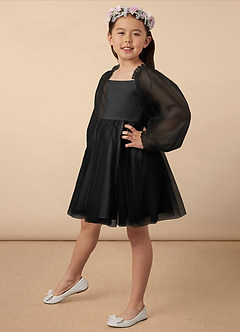 Azazie Aya Flower Girl Dresses Black A-Line with Sleeves Tulle Dress image2