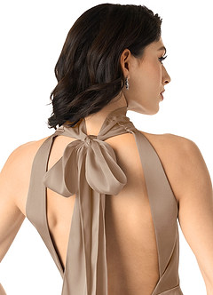 Azazie x Delaney Bridesmaid Dresses Taupe Sheath High Neck Stretch Satin Dress image5