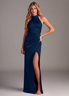 Azazie Jemma Bridesmaid Dresses Dark Navy Sheath Pleated Stretch Satin Dress image1