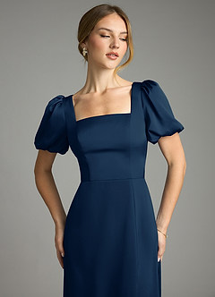 Azazie Fyona Abiti da Damigella Abito A-Line in Raso Elasticizzato Plissettato Marino Scuro image12