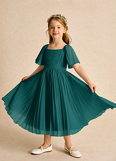 Azazie Gisele Abiti da Ragazza di Fiori Abito A-Line in Chiffon Plissettato Verde Pavone image4