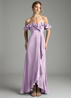 Azazie Lyra Bridesmaid Dresses Frosted Lilac A-Line Off the Shoulder Stretch Satin Convertible Dress image1