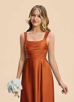 Azazie Azaria Junior Cinnamon A-Line Pleated Stretch Satin Dress image7