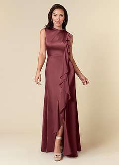 Azazie Narine Mother of the Bride Dresses Merlot A-Line High Neckline Pleated Stretch Satin Dress image3