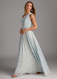 Azazie Charlize Bridesmaid Dresses Blue And White Ditsy Floral A-Line One Shoulder Chiffon Dress image4