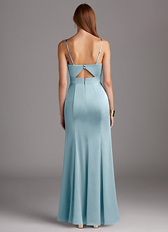 Azazie Shania Bridesmaid Dresses Moody Blue Sheath V-Neck Pleated Stretch Satin Dress image2
