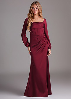 Azazie Charissa Bridesmaid Dresses Burgundy Sheath Long Sleeve Stretch Satin Dress image3