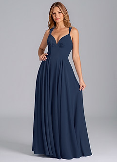 Azazie Darana At-home Try On Dresses Dark Navy A-Line Corset Chiffon Dress image3
