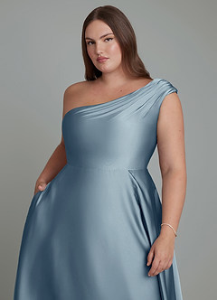 Azazie Melanie Bridesmaid Dresses Dusty Blue A-Line Off the Shoulder Stretch Satin Dress image12