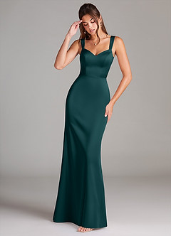 Azazie Denice Robes de demoiselle d'honneur Robe Fourreau en Satin extensible Plissée Vert Pin image1