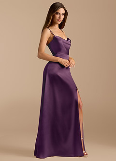 Azazie Erma Bridesmaid Dresses Plum A-Line Side Slit Metallic Satin Dress image3