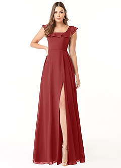 Azazie Jinny Robes de demoiselle d'honneur Robe Trapèze en Mousseline de soie Encolure carrée froncée Rouille image1