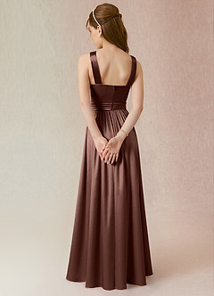 Azazie Jiya Junior Espresso A-Line Pleated Metallic Satin Dress image2