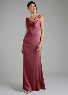 Azazie Spencer Robes de demoiselle d'honneur Robe Sirène en Satin extensible Plissée Rose Du Désert image5