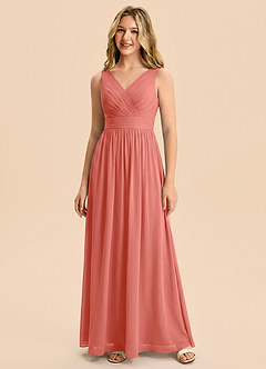 Azazie Kora Junior Vestido Rosa Salmón de Gasa de Corte en A con Plisado image5