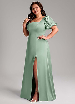 Azazie Fyona Bridesmaid Dresses Agave A-Line Pleated Stretch Satin Dress image12