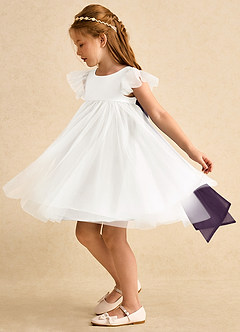 Azazie Munchkin Flower Girl Dresses Ivory Plum A-Line Bow Tulle Dress image5