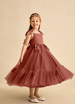 Azazie Jaci Blumenmädchenkleider A-Linie Spaghetti Riemen Chiffon Kleid Rotbraun image2