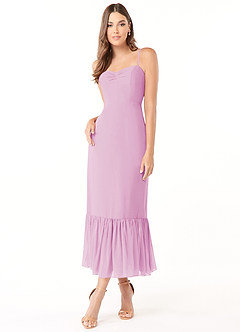 Azazie Justina Robes de demoiselle d'honneur Robe Trapèze en Mousseline de soie Encolure en Forme de Cœur Rose Bonbon image1