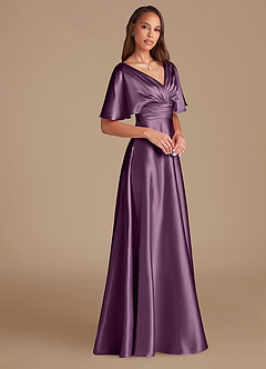 Azazie Pamela Bridesmaid Dresses Plum A-Line Pleated Metallic Satin Dress image3