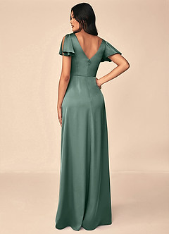 Azazie Soren Bridesmaid Dresses Eucalyptus A-Line Pleated Stretch Satin Dress image2