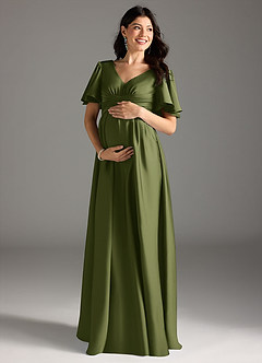 Azazie Verna Maternity Bridesmaid Dresses A-Line Ruched Stretch Satin Floor-Length Dress image3