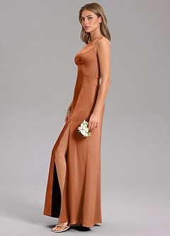 Azazie Feby Robes de demoiselle d'honneur Robe Trapèze en Satin extensible Ue épaule Cuivre image5