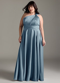 Azazie Charlize Robes de demoiselle d'honneur Robe Trapèze en Satin extensible Ue épaule Bleu Poussiéreux image5