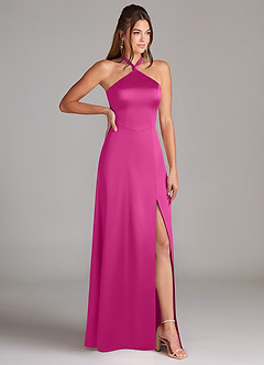 Azazie Elliana Vestidos de madrinha de casamento Vestido Fúcsia de Cetim elástico de Bainha com Fenda Lateral image3
