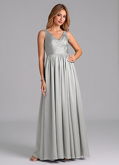 Azazie Keyla Bridesmaid Dresses Silver A-Line Pleated Stretch Satin Dress image6