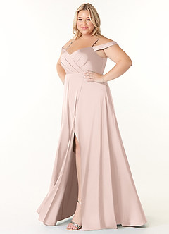 Azazie Ocean Robes de demoiselle d'honneur Robe Trapèze en Satin extensible Col V plissé Rose Pâle image10