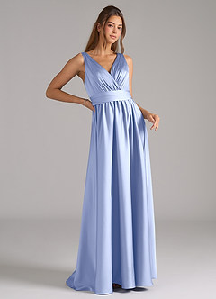 Azazie Kora Essayer des robes à la maison Robe Trapèze en Satin extensible Plissée Bleu Poussiéreux image3