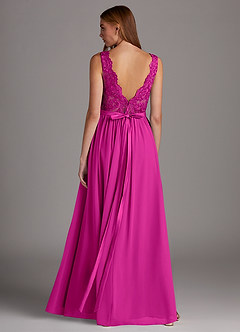 Azazie Elly Bridesmaid Dresses Fuchsia A-Line Lace Scoop Neck Chiffon Dress image2