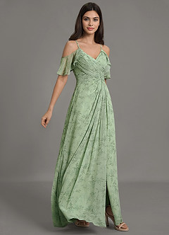 Azazie Dakota Bridesmaid Dresses Green Fern Floral A-Line V-Neck Pleated Chiffon Dress image4