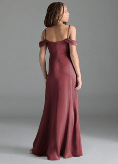 Azazie Amyra Junior Merlot Sheath Off the Shoulder Stretch Satin Dress image5