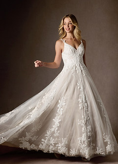 Azazie Delaina Vestidos de novia Vestido de Blanco Diamante Arena de Tul de Corte en A con Lentejuelas cuello pico image8