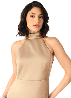 Azazie x Delaney Bridesmaid Dresses Champagne Sheath High Neck Stretch Satin Dress image3