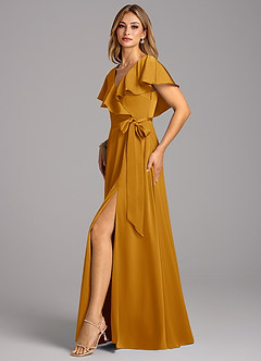 Azazie Lainey Bridesmaid Dresses Butterscotch A-Line with Pockets Stretch Satin Dress image5