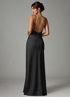 Azazie Stefania At-home Try On Dresses Black A-Line Stretch Satin Dress image2