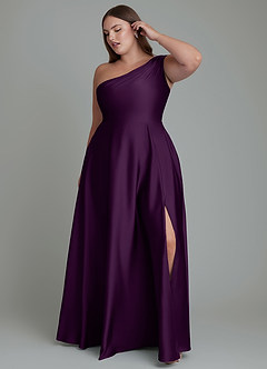 Azazie Melanie Bridesmaid Dresses Grape A-Line Off the Shoulder Stretch Satin Dress image9