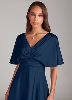 Azazie Pamela Bridesmaid Dresses Dark Navy A-Line Pleated Stretch Satin Dress image5