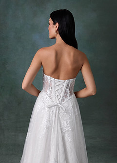 Azazie Ivonnah At-home Try On Dresses Diamond White A-Line Strapless Tulle Dress image9