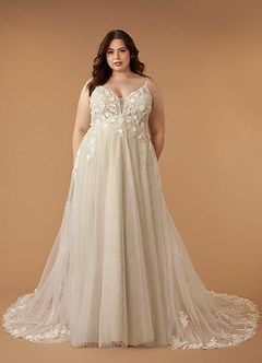 Azazie Arabelle Wedding Dresses Diamond White Nude A-Line V-Neck Lace Tulle Dress image7
