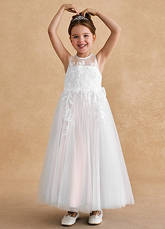 Azazie Bitsy Flower Girl Dresses Ivory Blushing Pink A-Line Lace Tulle Dress image2