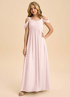 Azazie Lianne Junior Blushing Pink A-Line Off the Shoulder Chiffon Dress image3