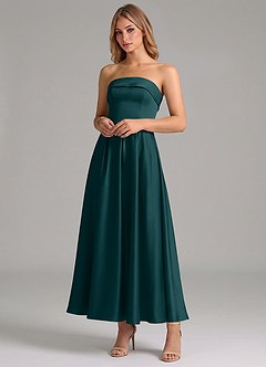Azazie Lucienne Bridesmaid Dresses Pine A-Line Pleated Stretch Satin Dress image4